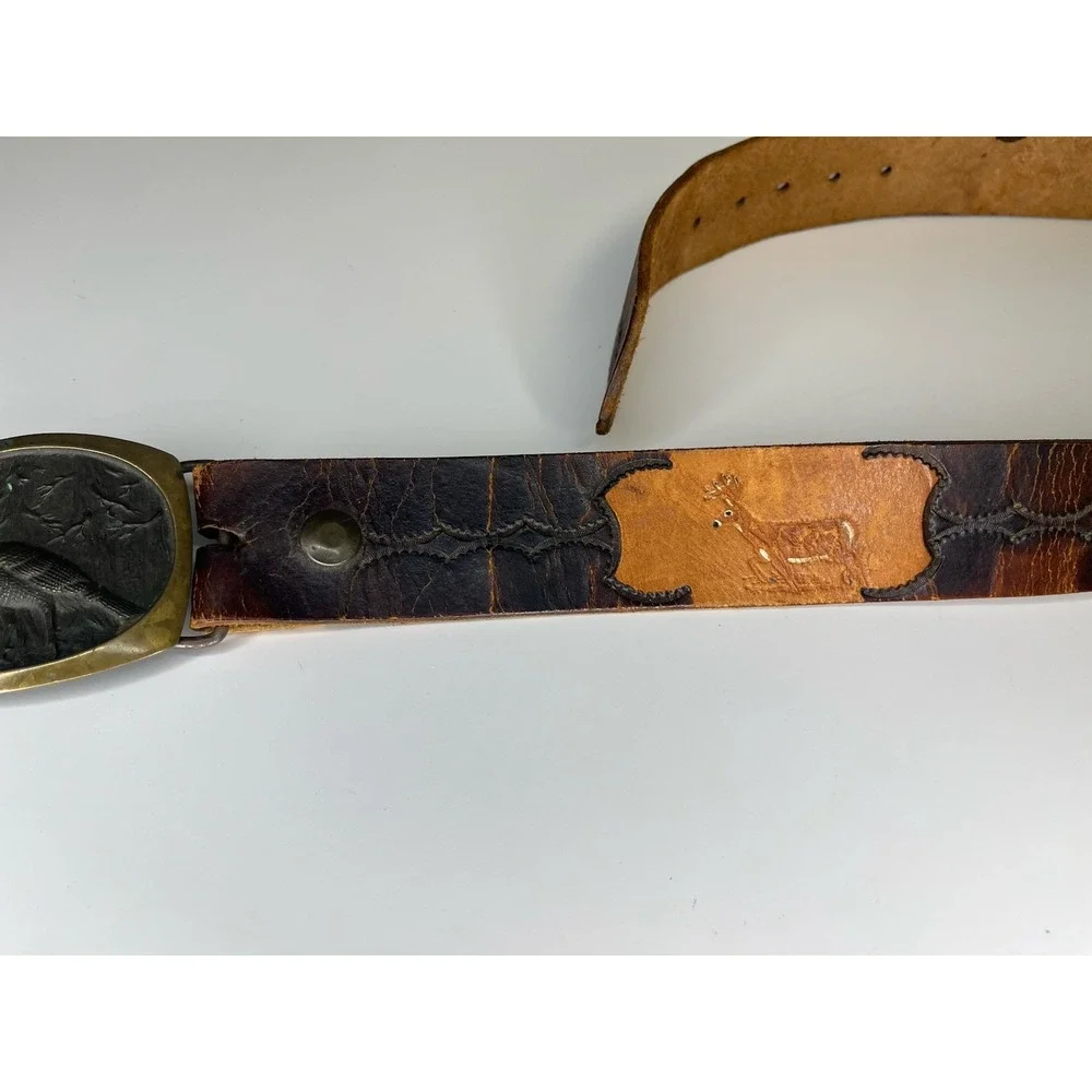 Steven L Knight Buckle Solid Bronze w/ Burned Leather Belt Turkey Bear Deer Hunt